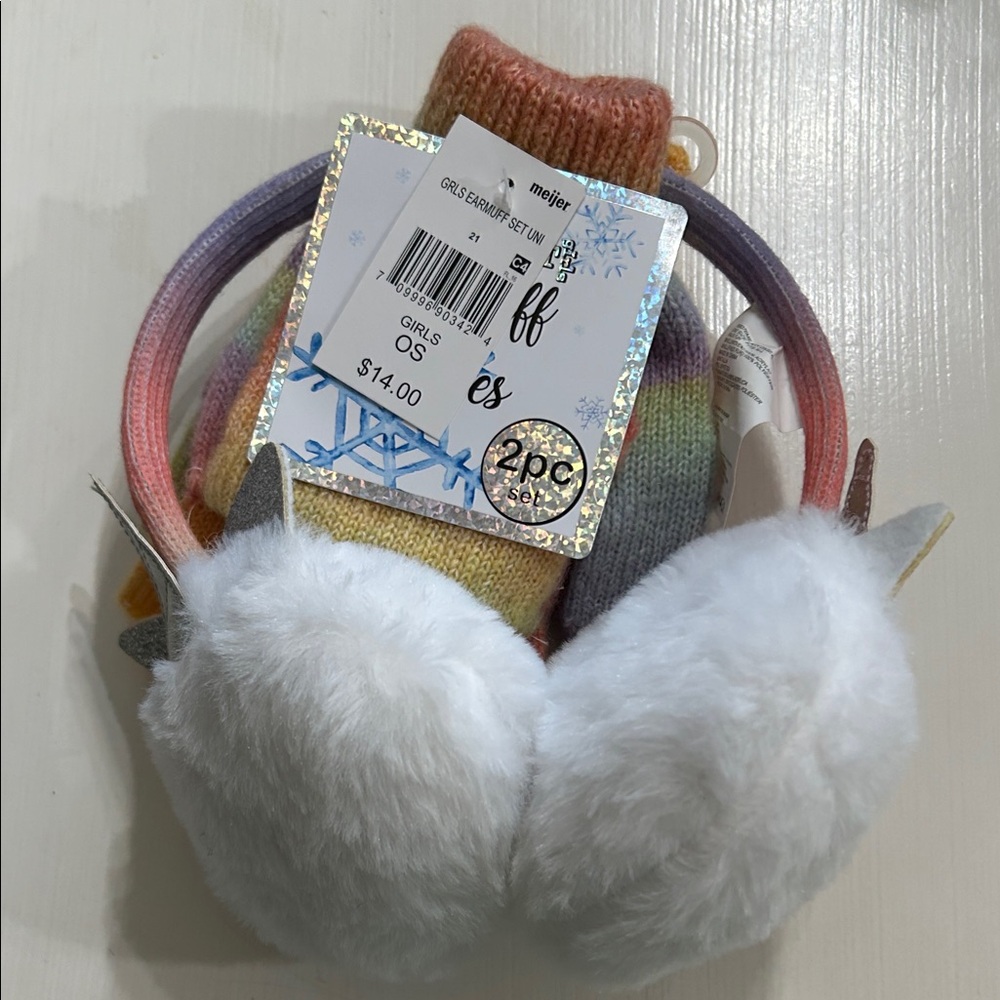 White Furry Unicorn Earmuffs with Multicolor Knit Gloves